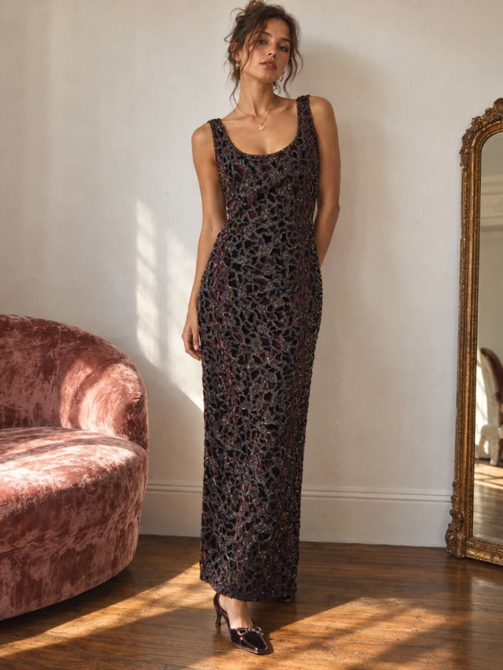 VINTAGE Deadstock 90s Fully Beaded RARE Velvet Animal Print Maxi Dress NWT NEW